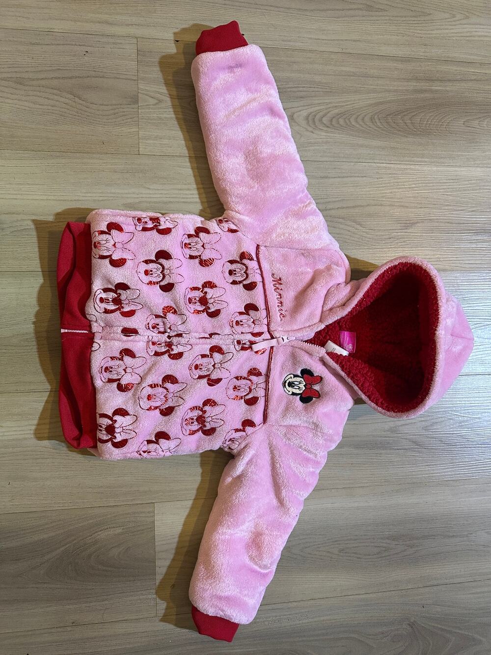 Disney Junior Minnie Mouse Faux Fur Fleece Jacket Hooded Pink Red Metallic 5